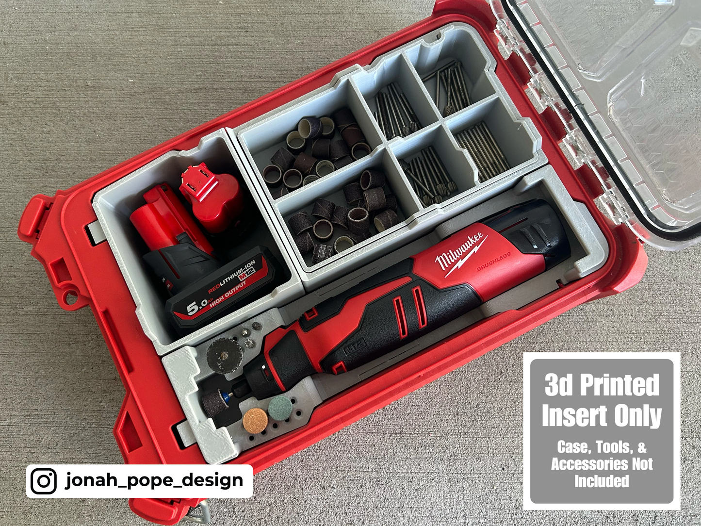 Jonah Pope Design 3d Printed Insert Designed for Milwaukee M12 Brushless Rotary Dremel Tool and Milwaukee Packout Organizer