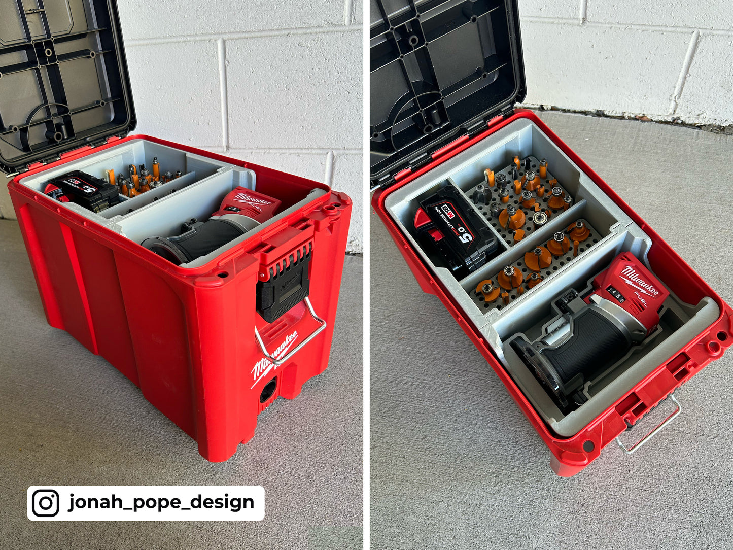 Jonah Pope Design 3d Printed Insert Designed for Milwaukee M18 Compact Router and Milwaukee Packout Ammo Case