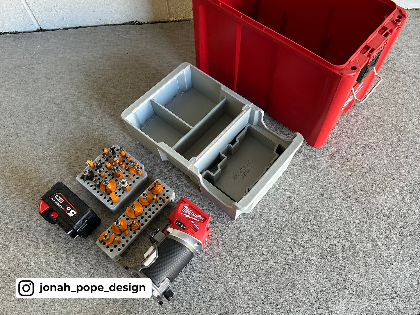 Jonah Pope Design 3d Printed Insert Designed for Milwaukee M18 Compact Router and Milwaukee Packout Ammo Case
