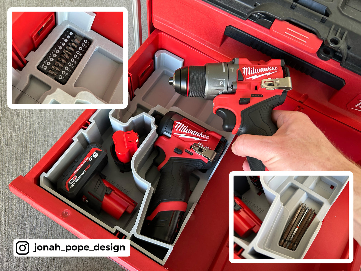 Jonah Pope Design 3d Printed Insert Designed For Milwaukee M12 Drill and Impact Driver Gen3 and Milwaukee Packout ToolBox Drawer