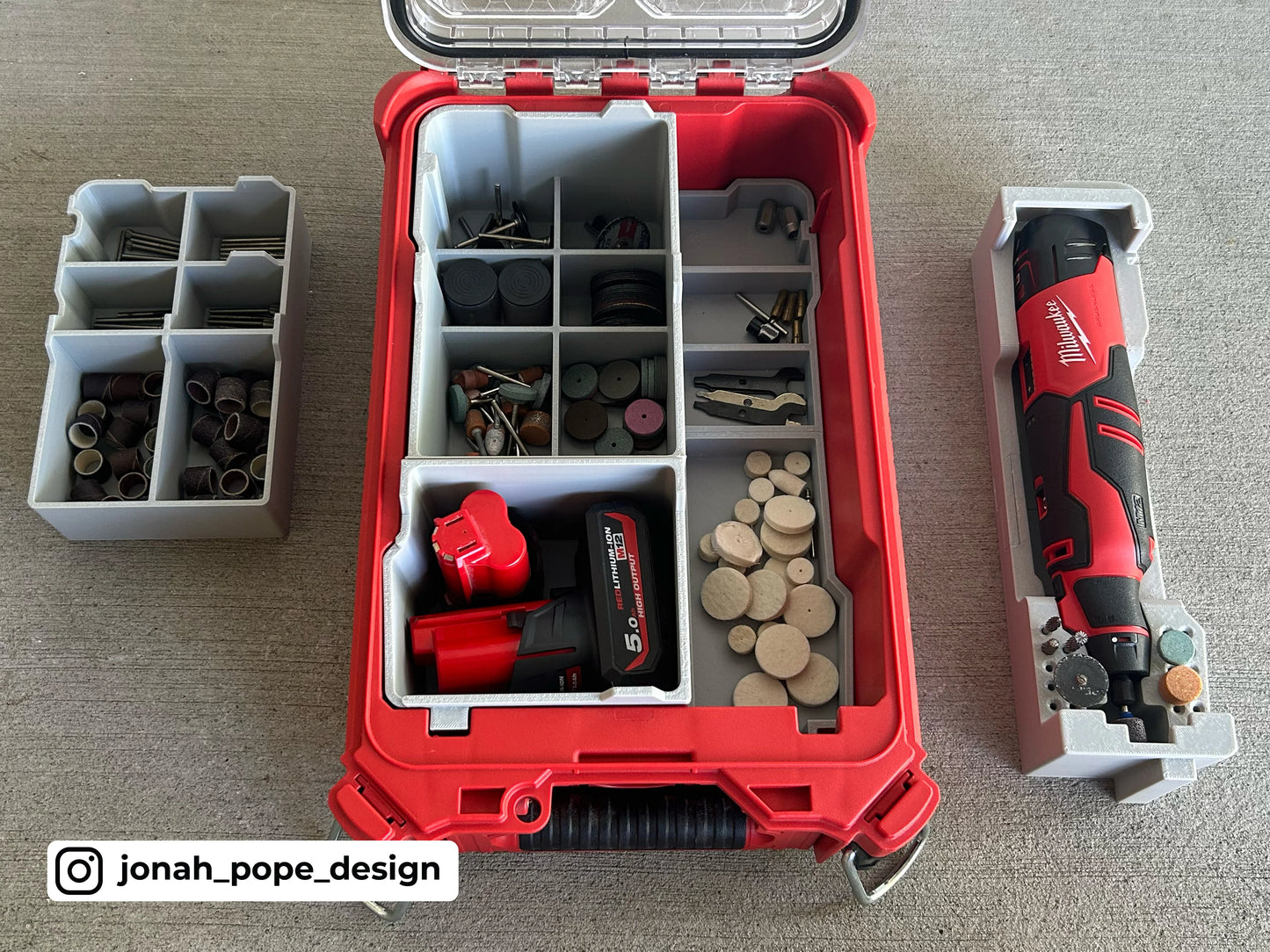 Jonah Pope Design 3d Printed Insert Designed for Milwaukee M12 Brushless Rotary Dremel Tool and Milwaukee Packout Organizer