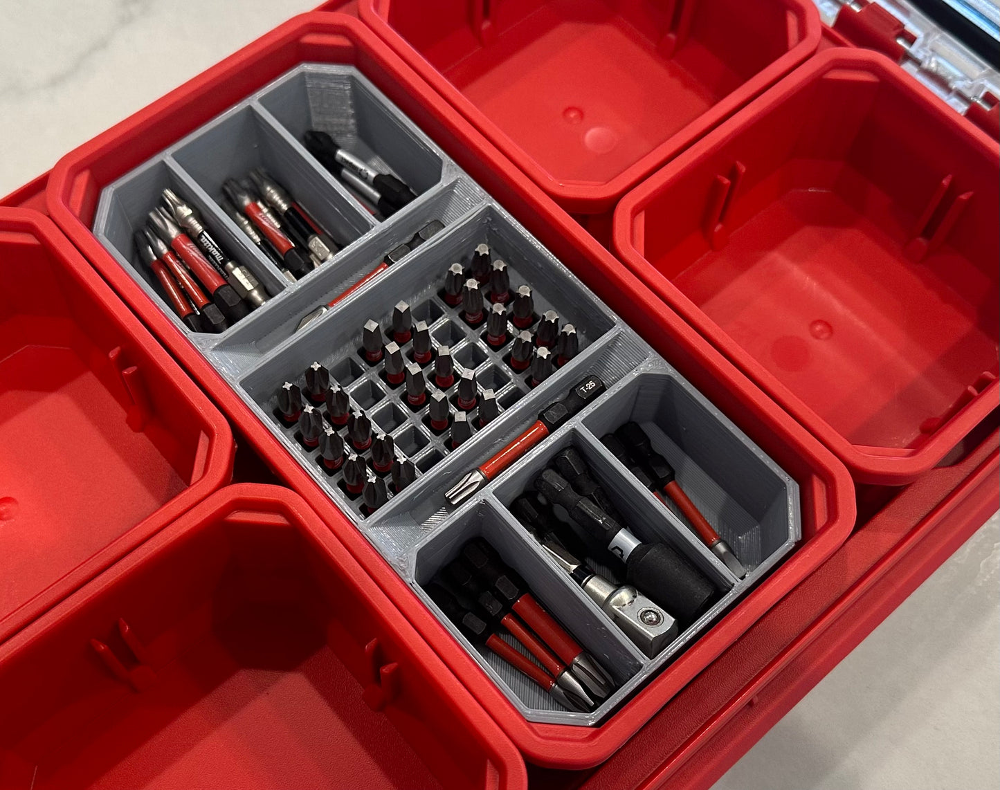 ToolCraft3d Design 3d Printed Impact Bit Holder Insert Designed For Milwaukee PACKOUT Low Profile Organizers (6 Compartment + 2 Quick Access + 40 Bit)