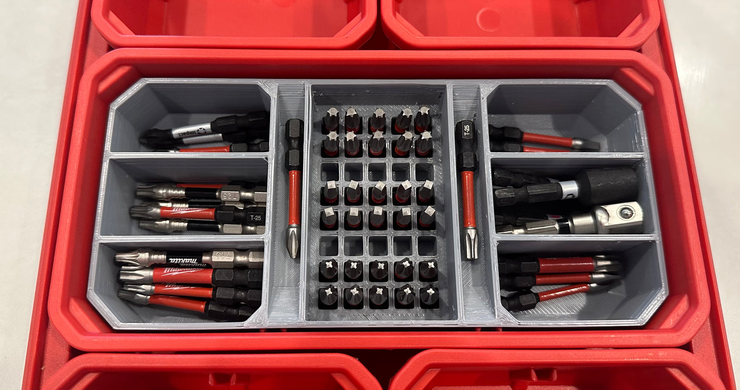 ToolCraft3d Design 3d Printed Impact Bit Holder Insert Designed For Milwaukee PACKOUT Low Profile Organizers (6 Compartment + 2 Quick Access + 40 Bit)