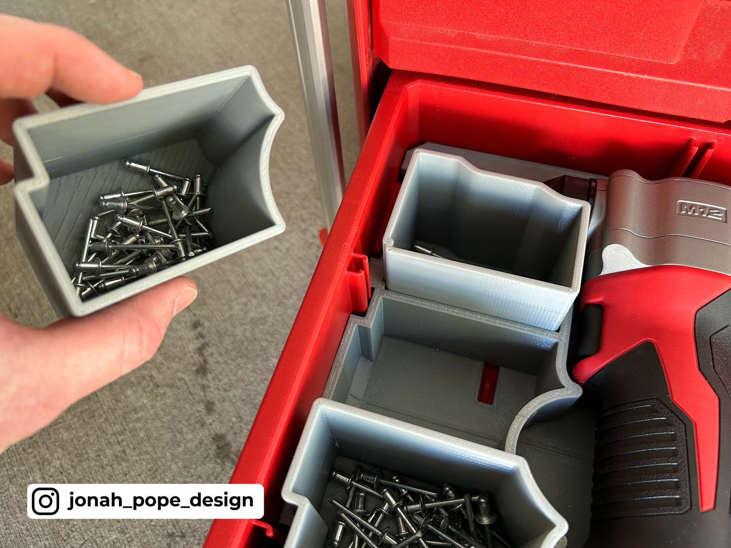 Jonah Pope Design 3d Printed Insert Designed for Milwaukee M12 Rivet Gun and Milwaukee Packout Tool Box Drawer