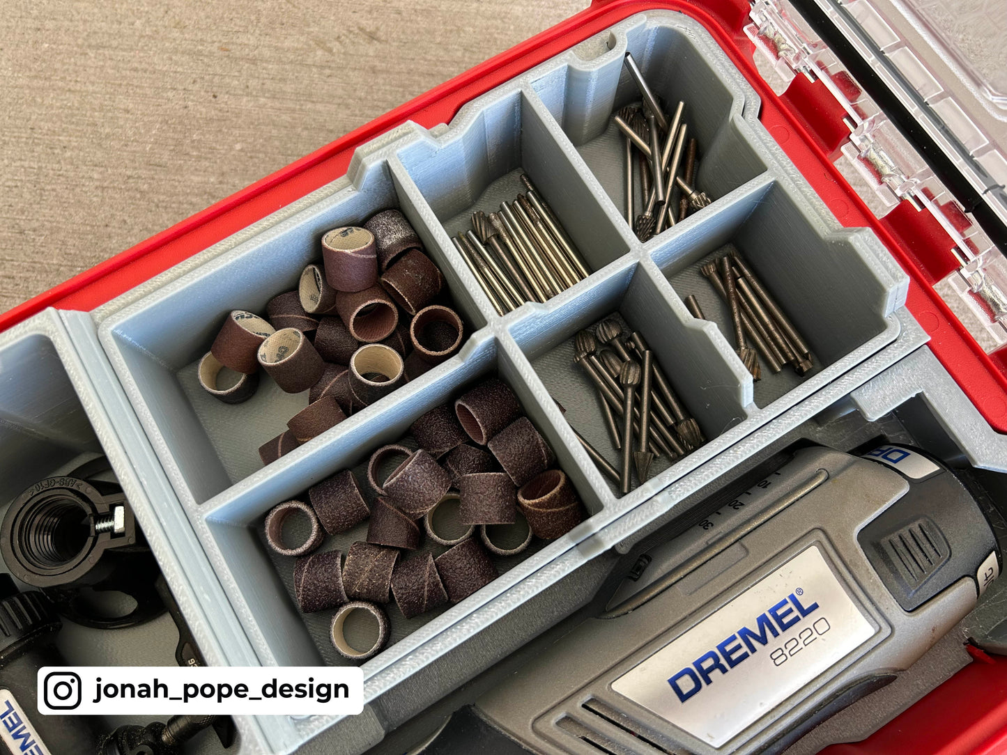 Jonah Pope Design 3d Printed Insert Designed for DREMEL 8220 Rotary Tool and Milwaukee Packout Organizer