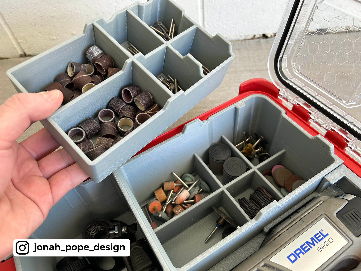 Jonah Pope Design 3d Printed Insert Designed for DREMEL 8220 Rotary Tool and Milwaukee Packout Organizer