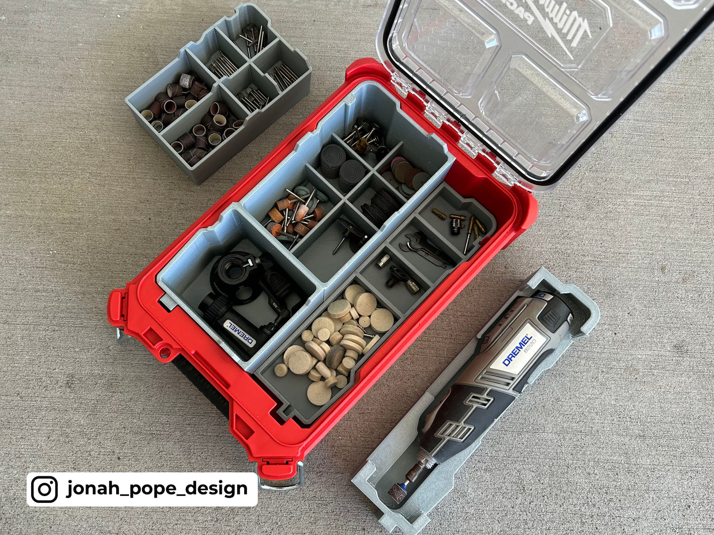 Jonah Pope Design 3d Printed Insert Designed for DREMEL 8220 Rotary Tool and Milwaukee Packout Organizer