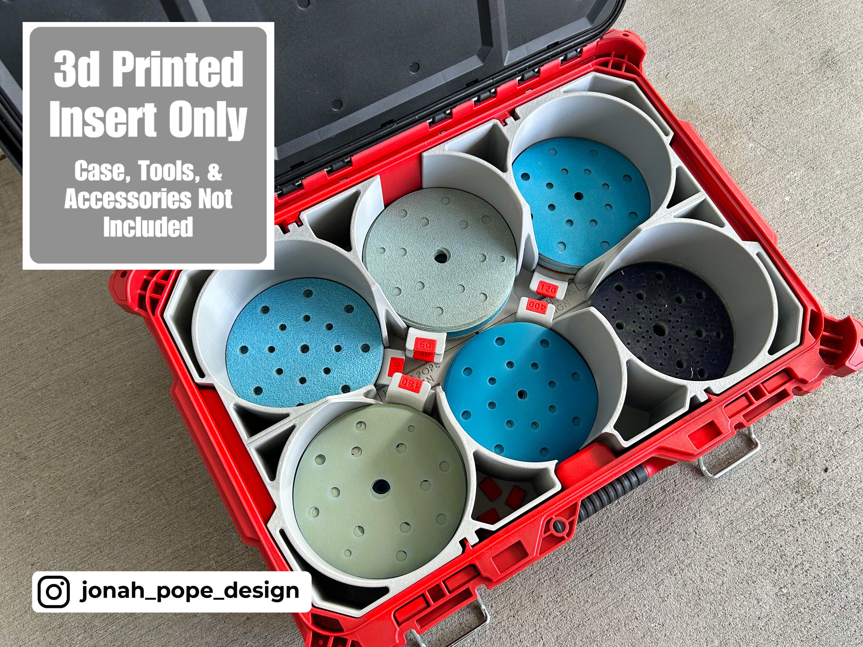 Jonah Pope Design 3d Printed Insert Designed for Orbital Sander 6" Disc Storage and Milwaukee Packout Toolbox