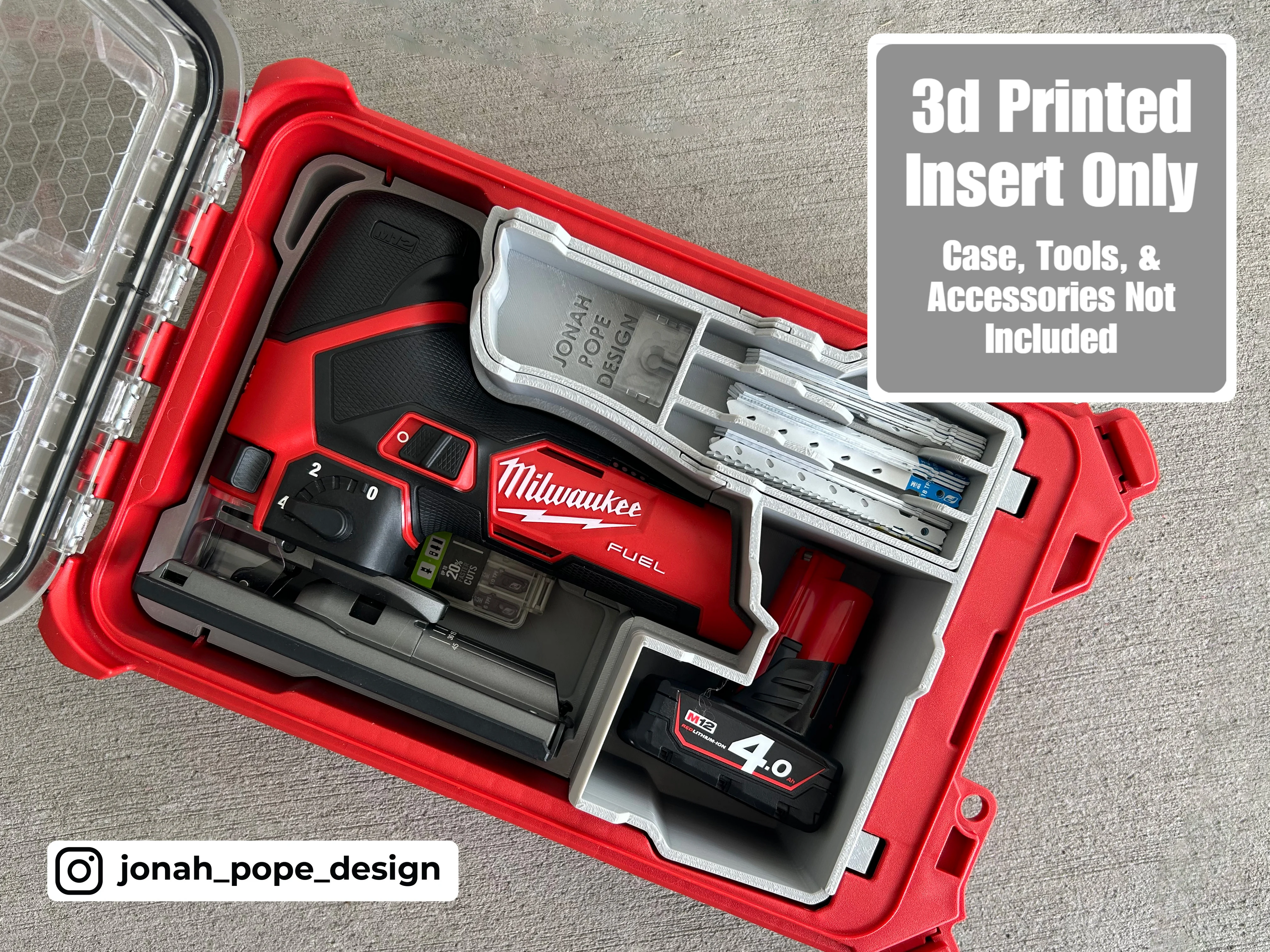 Jonah Pope Design 3d Printed Insert Designed for Milwaukee M12 Fuel Jigsaw Insert and Milwaukee Packout Organizer