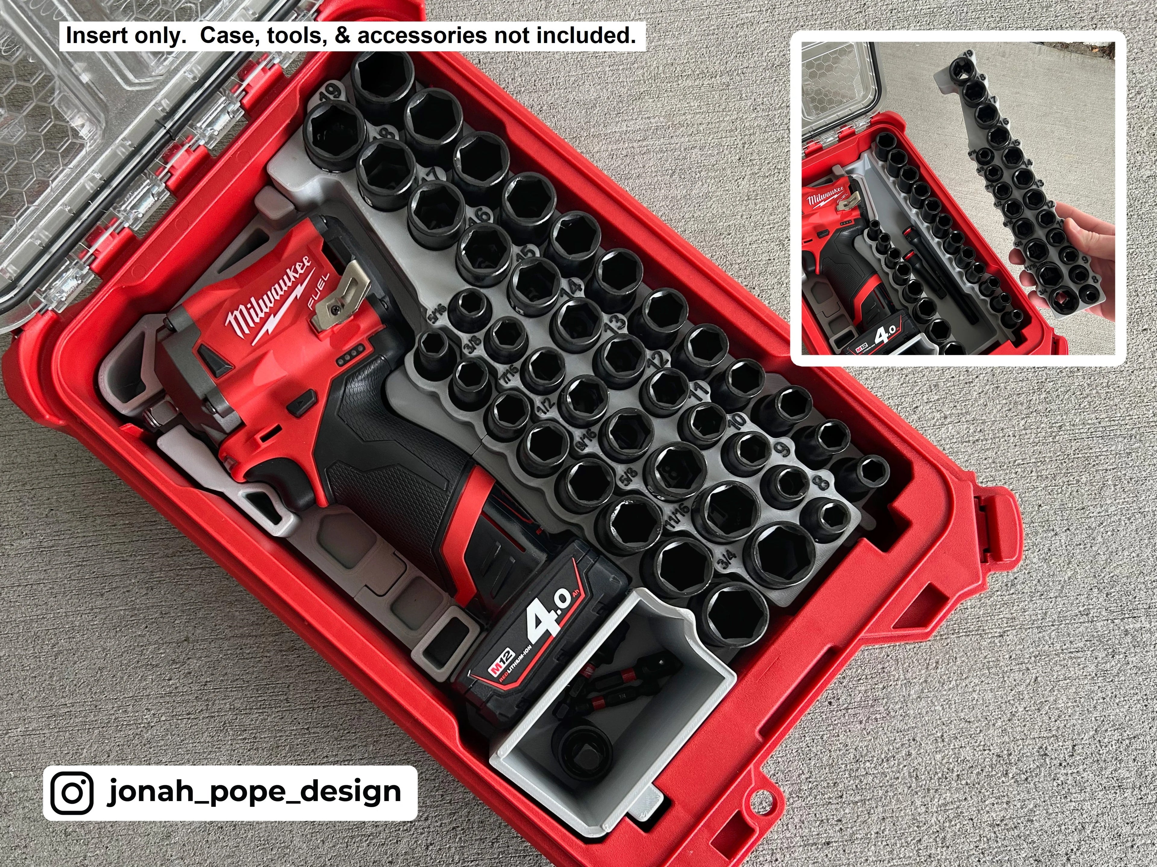 Jonah Pope Design 3d Printed Insert Designed for Milwaukee GEN1 M12 Stubby 3/8" Impact and Milwaukee Packout Organizer