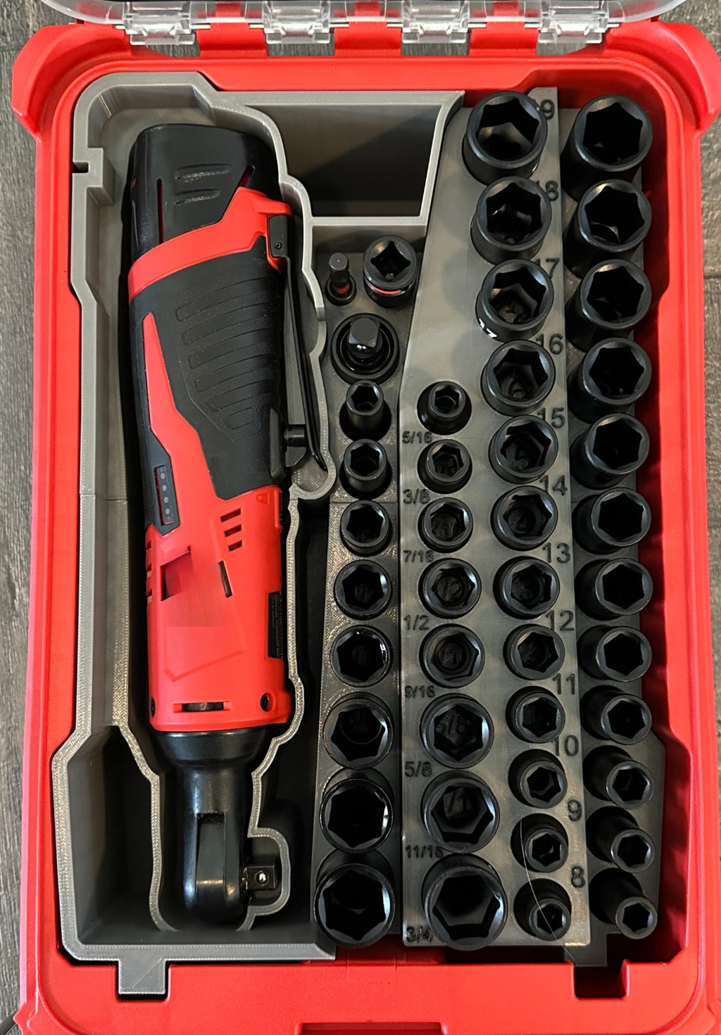 TOOLCRAFT3D Design 3d Printed Insert Designed for Milwaukee Packout Organizer and M12 Cordless 3/8" Ratchet (Insert Only)