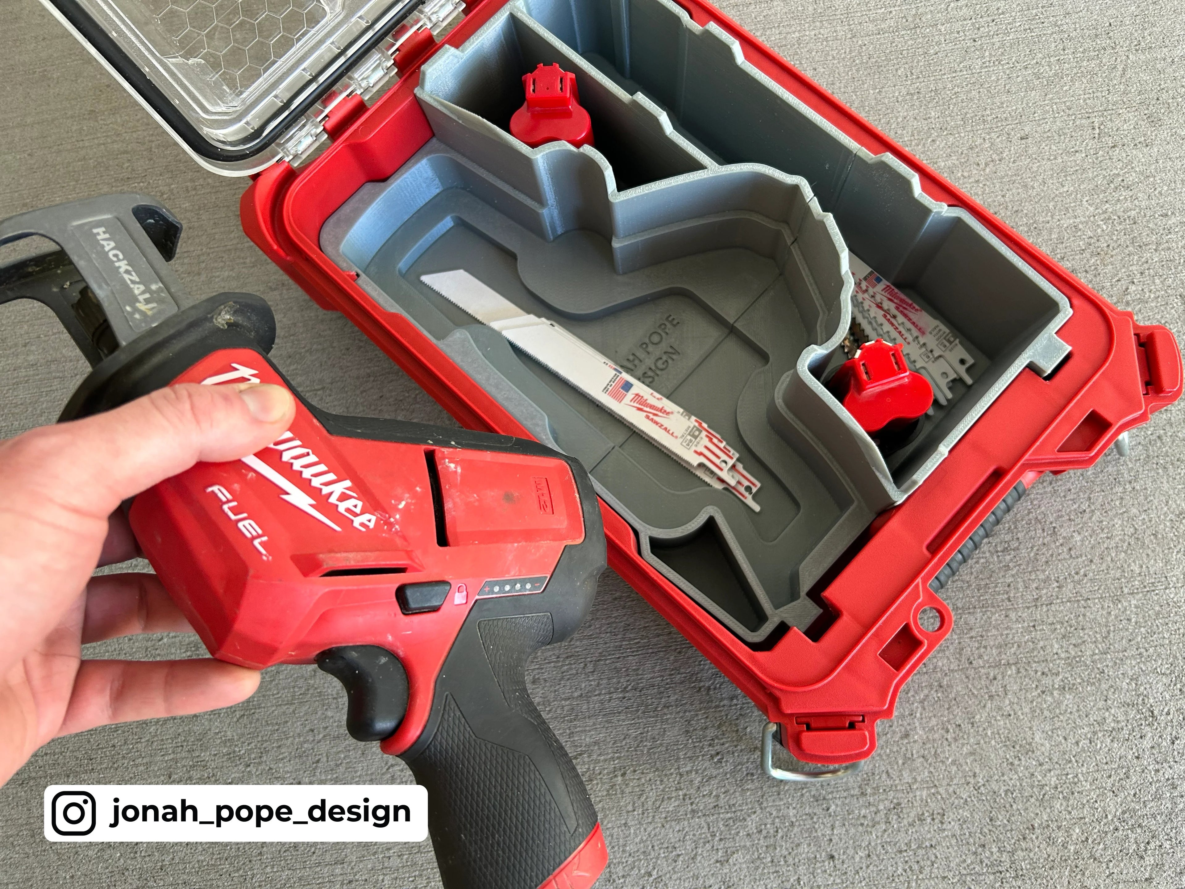 Jonah Pope Design 3d Printed Insert Designed for Milwaukee M12 Fuel Hackzall and Milwaukee Packout Organizer