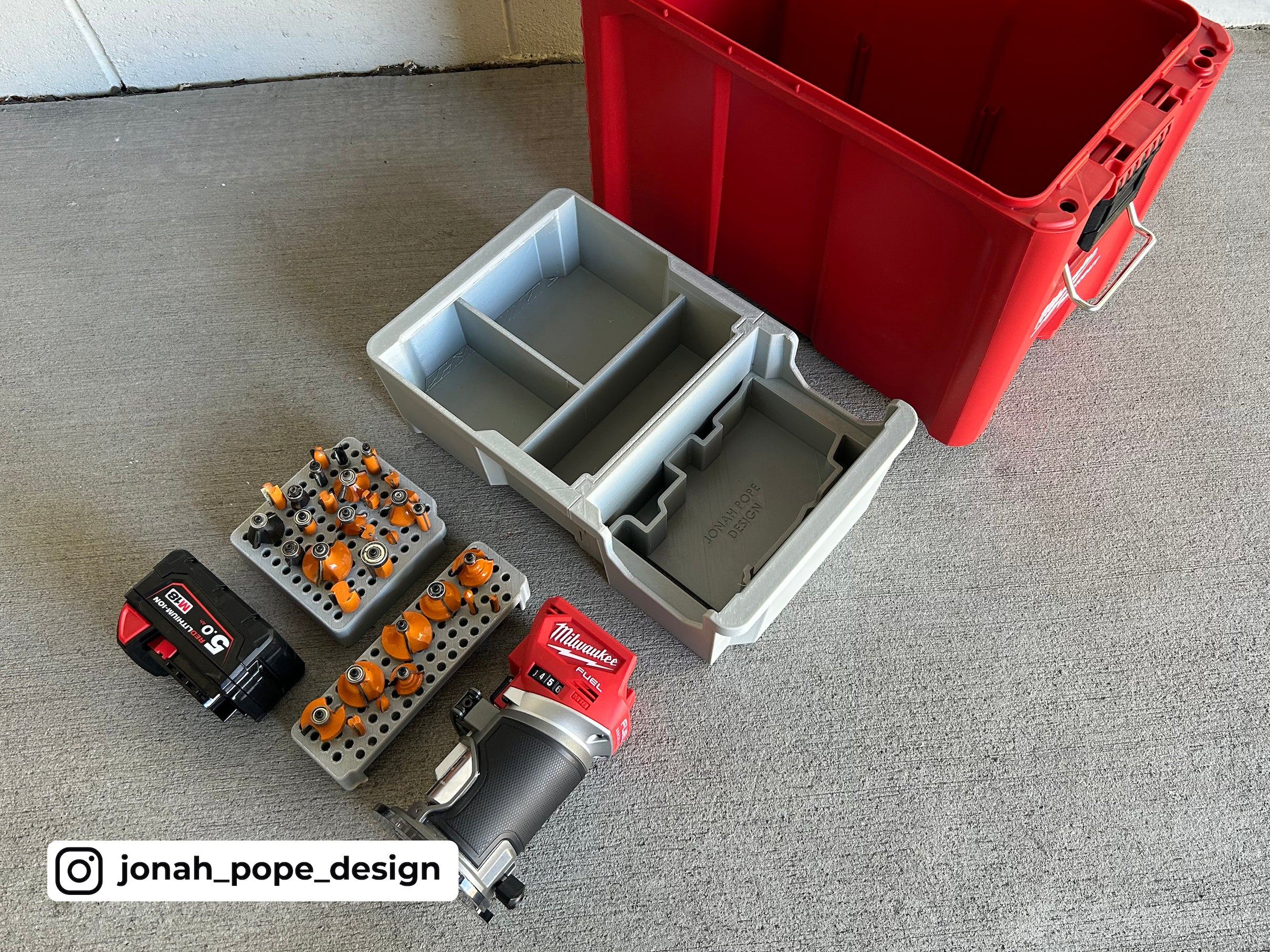 Jonah Pope Design 3d Printed Insert Designed for Milwaukee M18 Compact Router and Milwaukee Packout Ammo Case