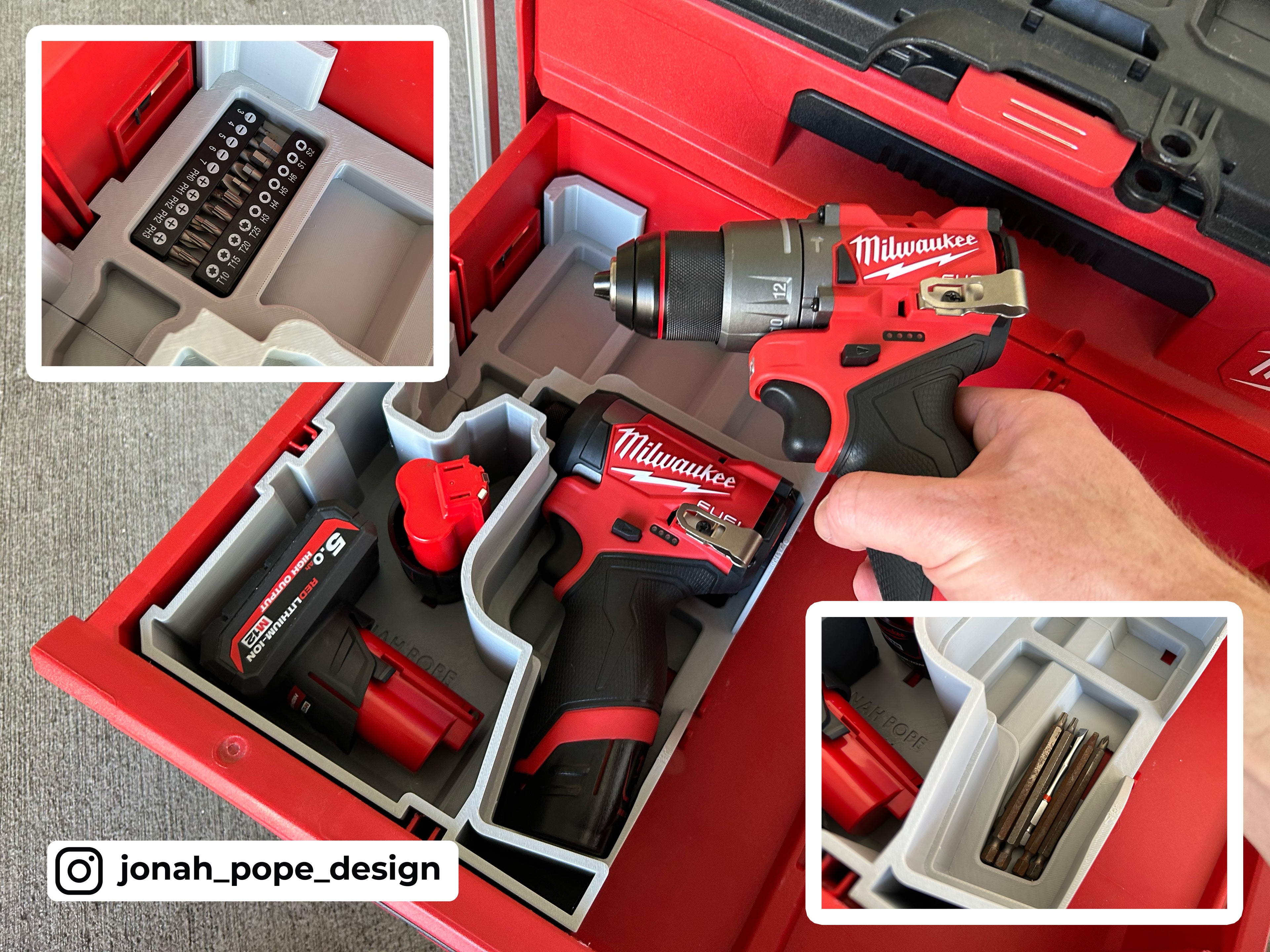 Jonah Pope Design 3d Printed Insert Designed For Milwaukee M12 Drill and Impact Driver Gen3 and Milwaukee Packout ToolBox Drawer