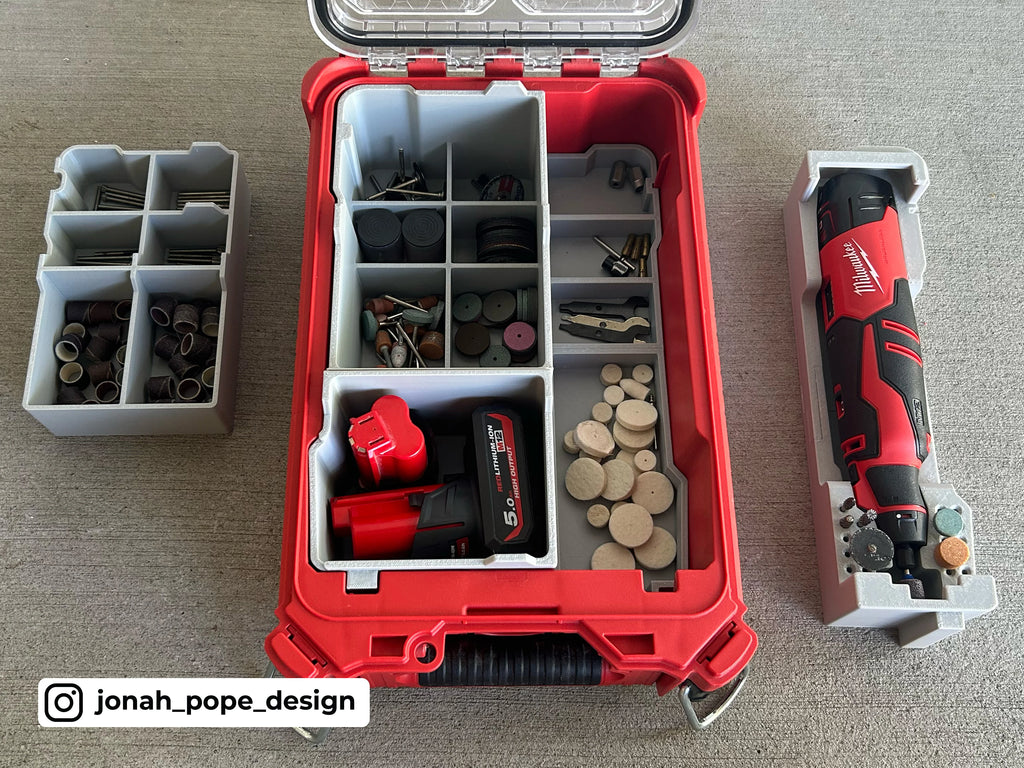 Jonah Pope Design 3d Printed Insert Designed for Milwaukee M12 Brushless Rotary Dremel Tool and Milwaukee Packout Organizer