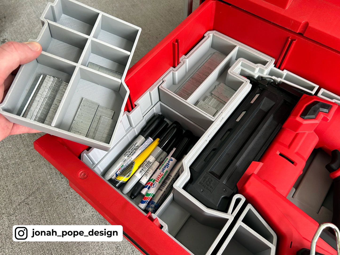 Jonah Pope Design 3d Printed Insert Designed for Milwaukee M18 Brad Nailer and Milwaukee Packout Toolbox Drawer