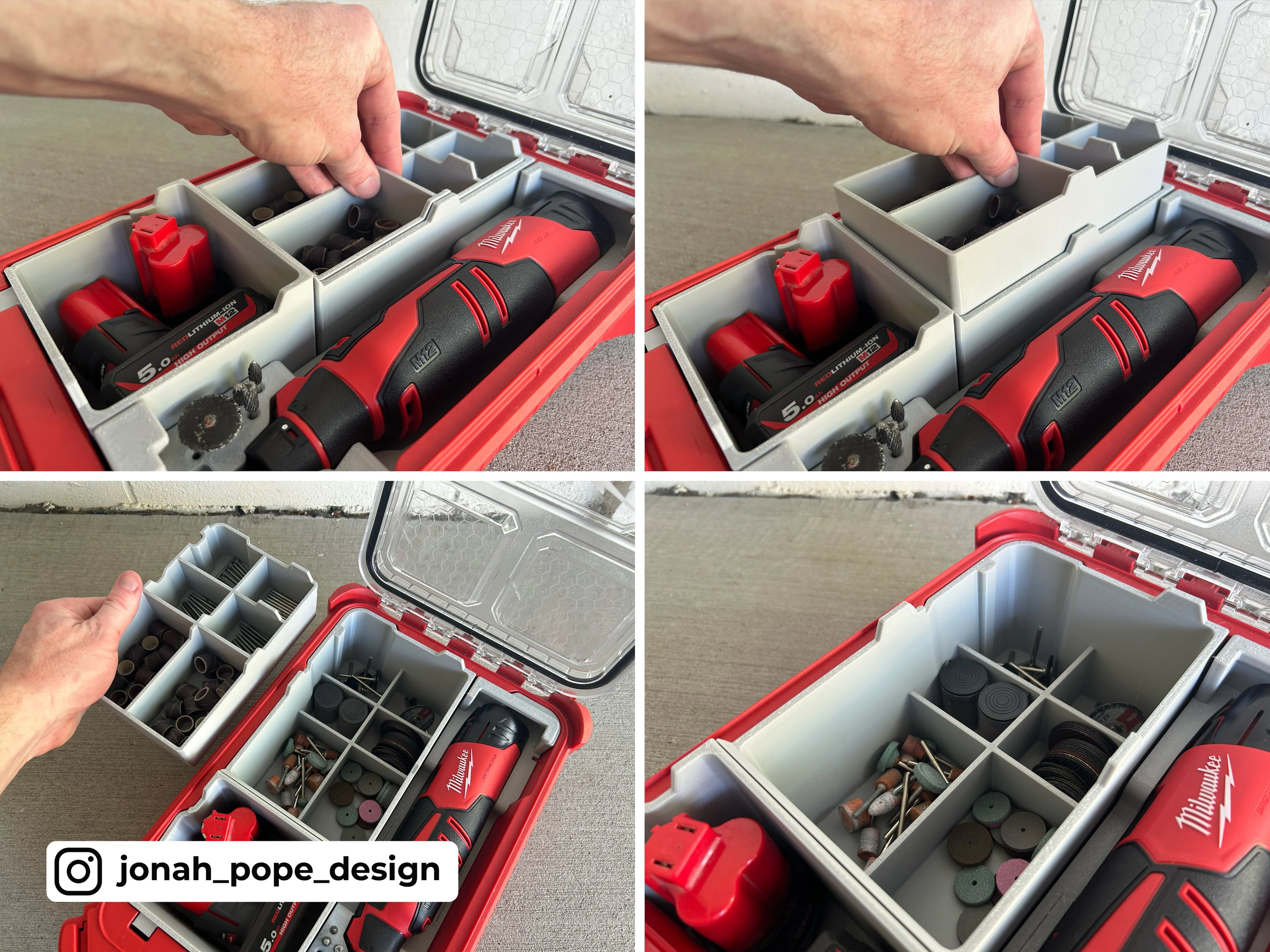 Jonah Pope Design 3d Printed Insert Designed for Milwaukee M12 Brushless Rotary Dremel Tool and Milwaukee Packout Organizer