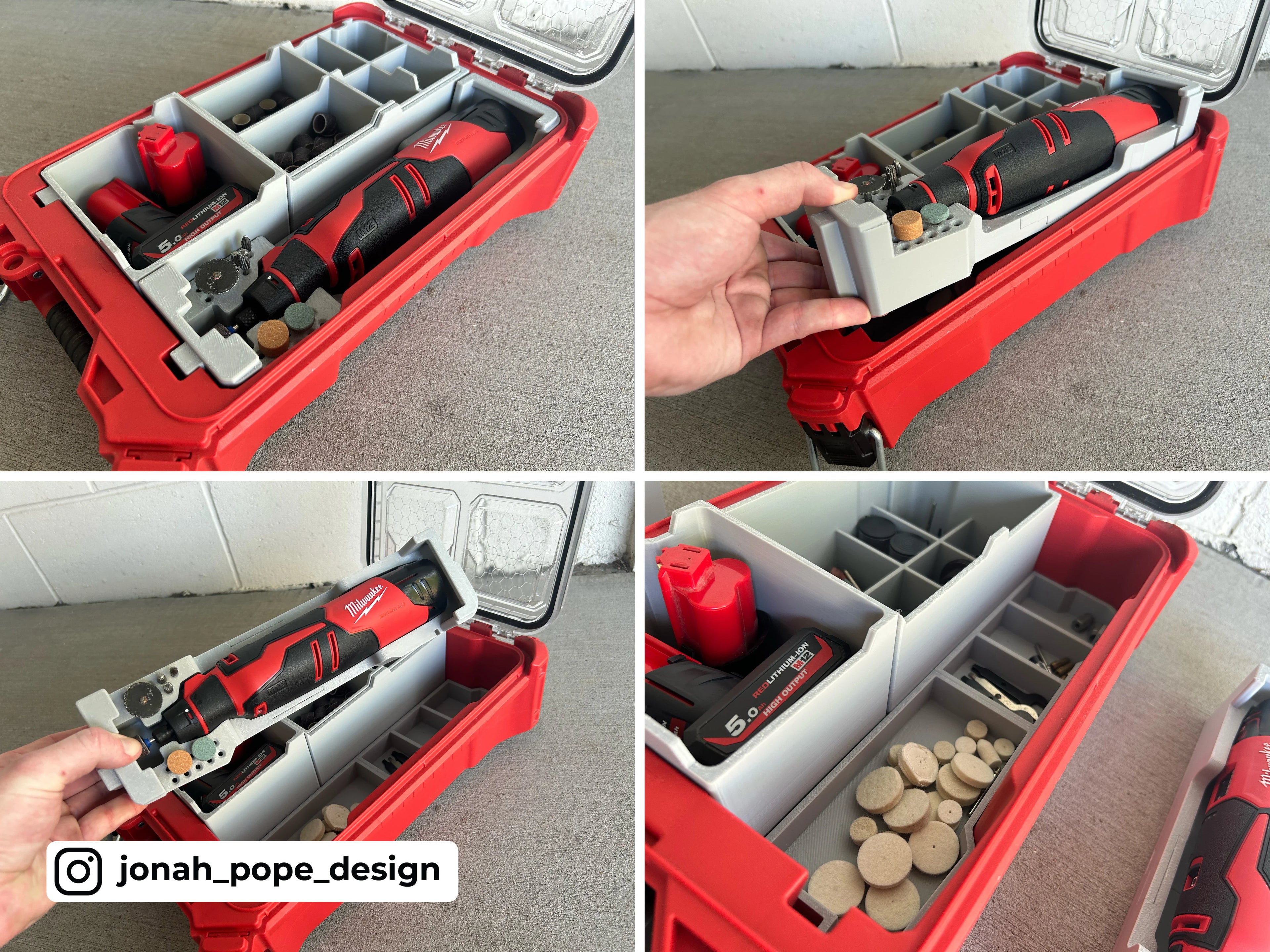 Jonah Pope Design 3d Printed Insert Designed for Milwaukee M12 Brushless Rotary Dremel Tool and Milwaukee Packout Organizer