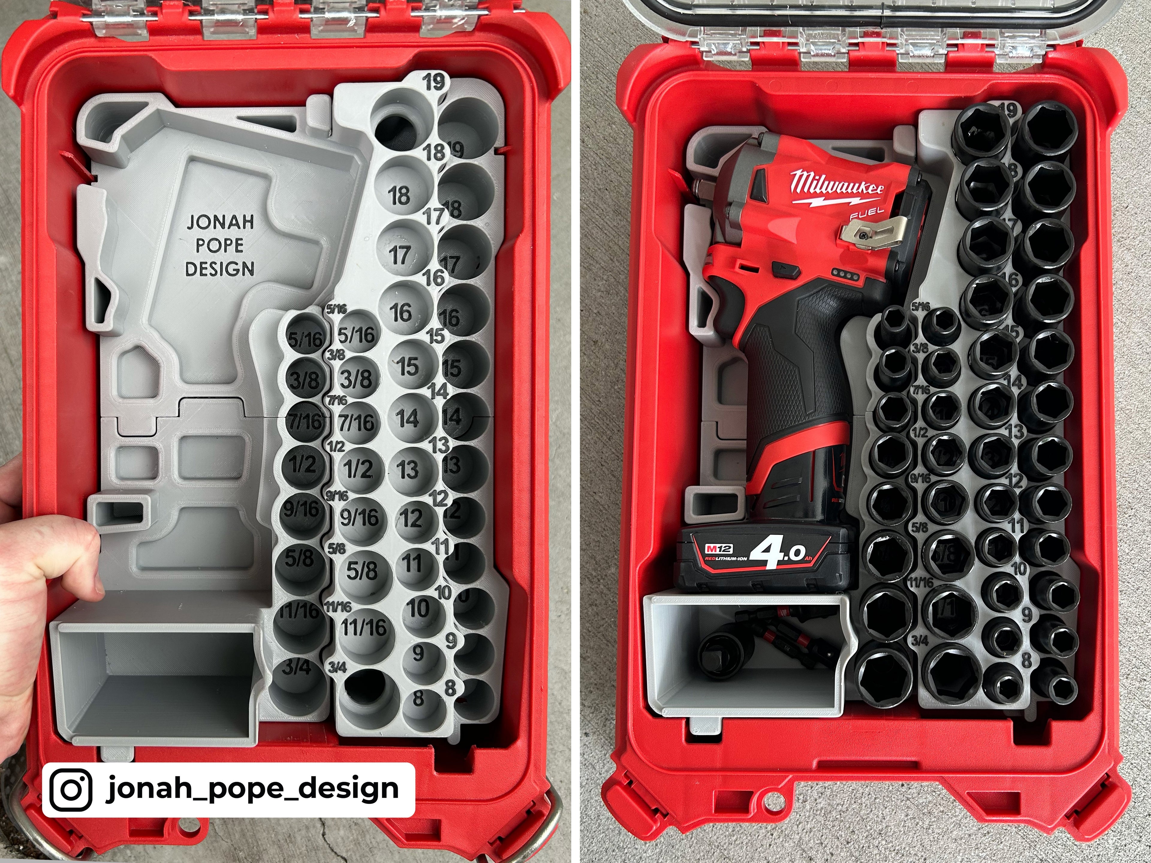 Jonah Pope Design 3d Printed Insert Designed for Milwaukee GEN1 M12 Stubby 3/8" Impact and Milwaukee Packout Organizer