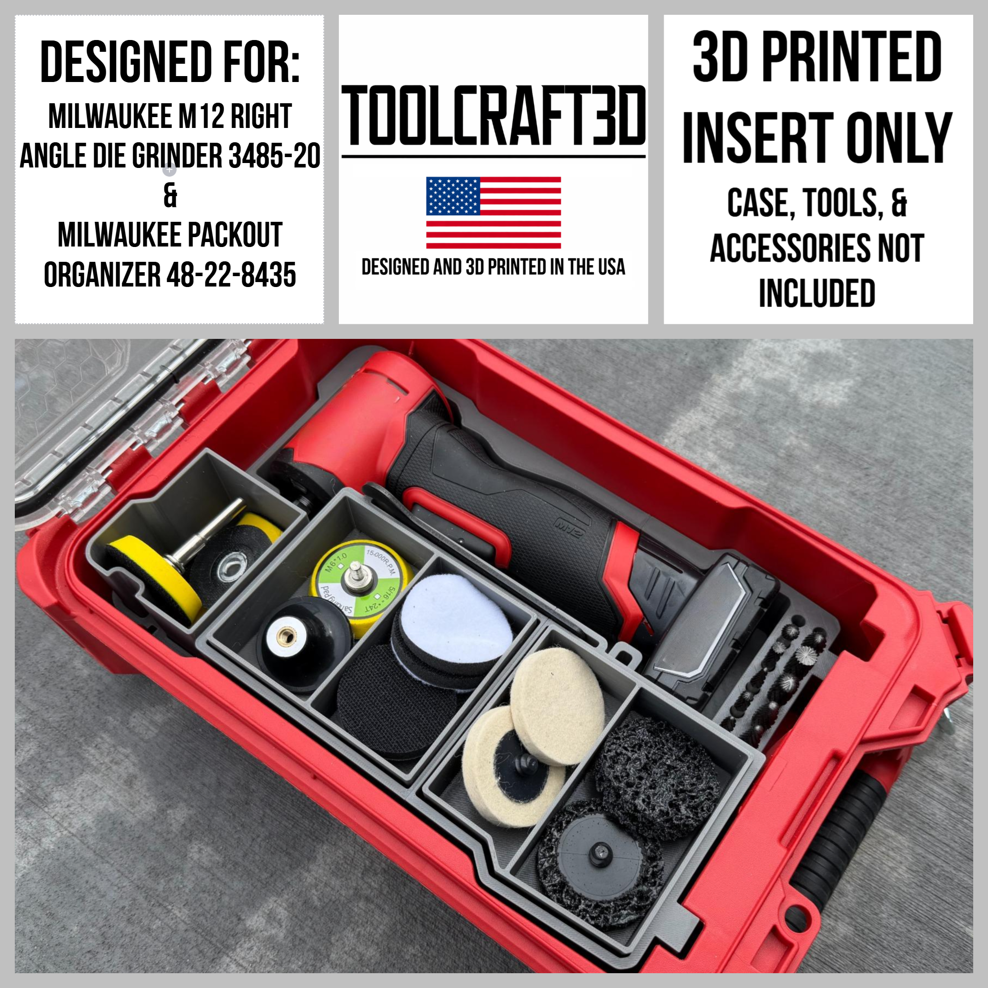 TOOLCRAFT3D Design 3d Printed Insert Designed for Milwaukee M12 Right Angle Die Grinder (3485-20) & Packout Organizer (Insert Only)