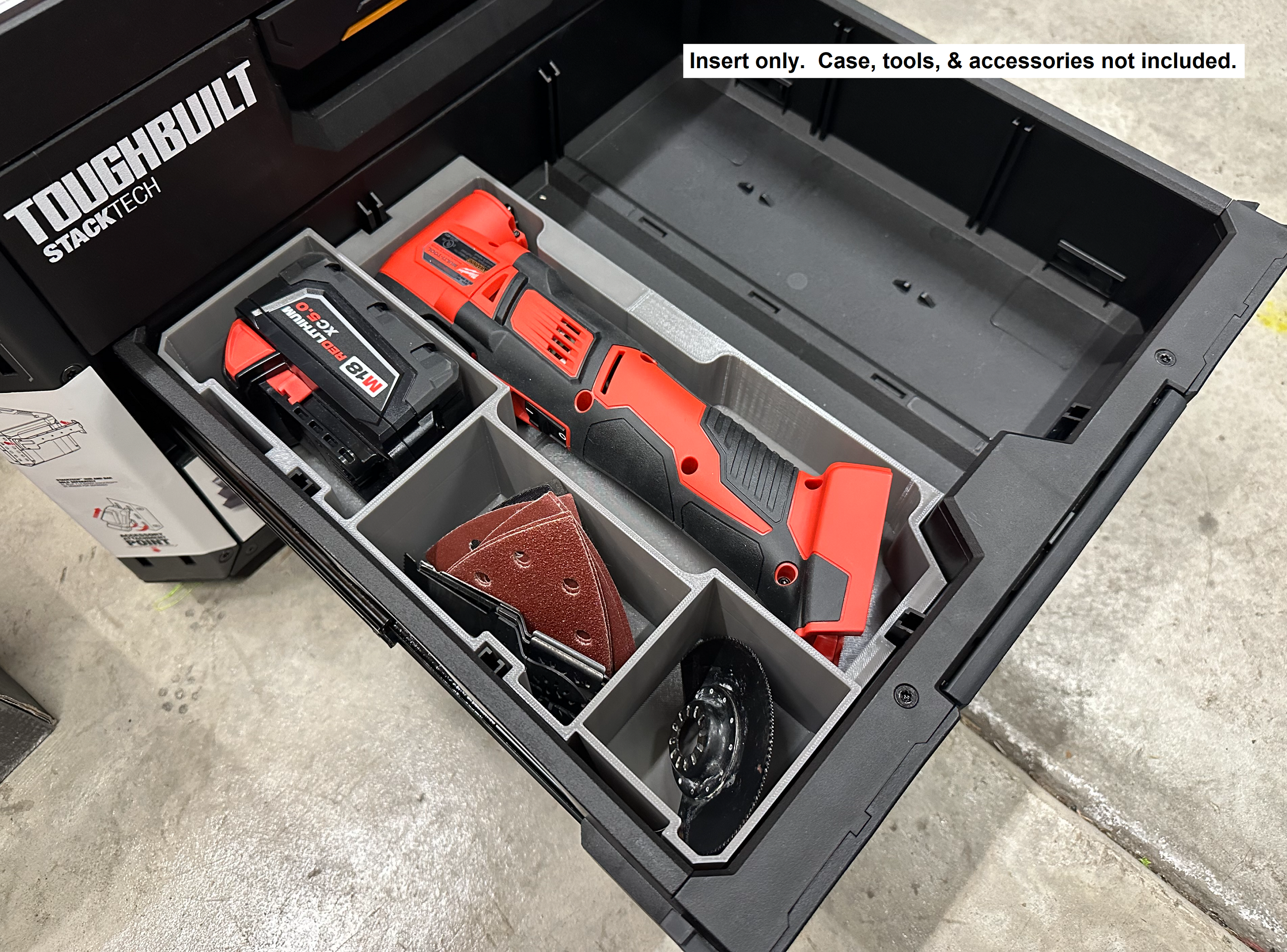 GarageInOrder 3d Printed Insert Designed for Milwaukee M18 Multi-tool and Toughbuilt Stacktech Drawer