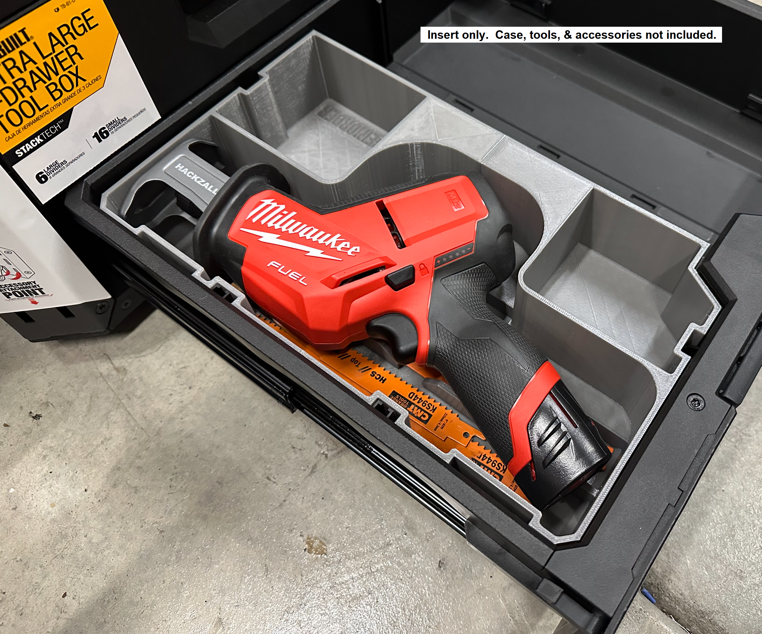 GarageInOrder 3d Printed Insert Designed for Milwaukee M12 Hackzall and Toughbuilt Stacktech Drawer
