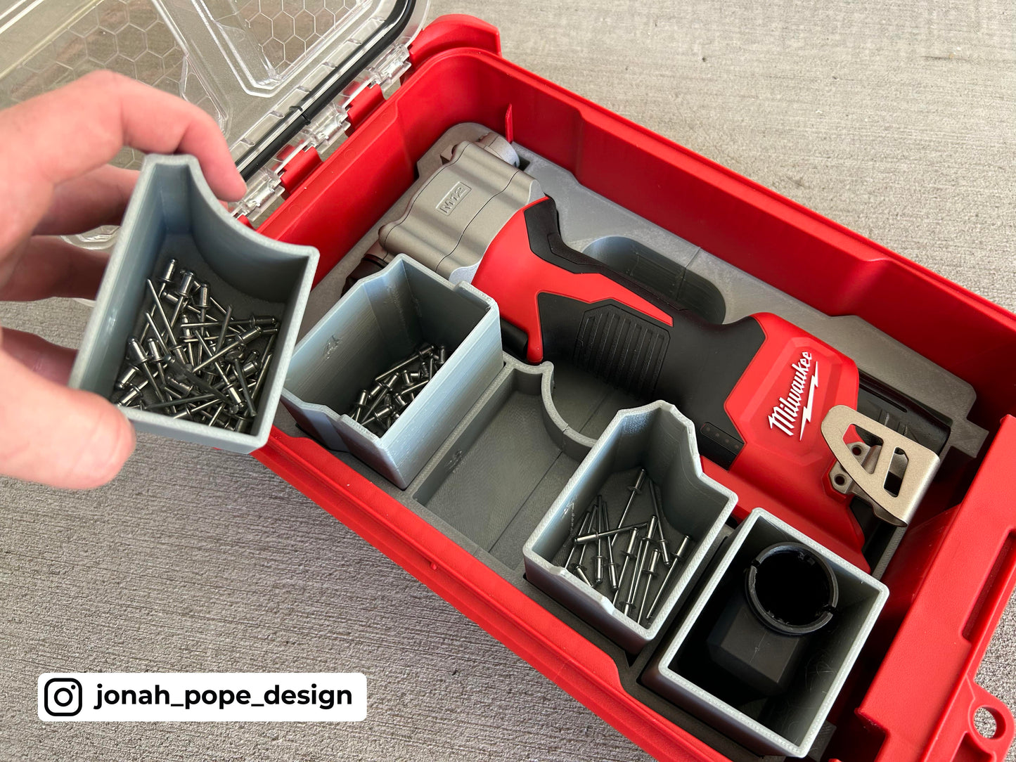 Jonah Pope Design 3d Printed Insert Designed for Milwaukee M12 Rivet Gun and Milwaukee Packout Organizer
