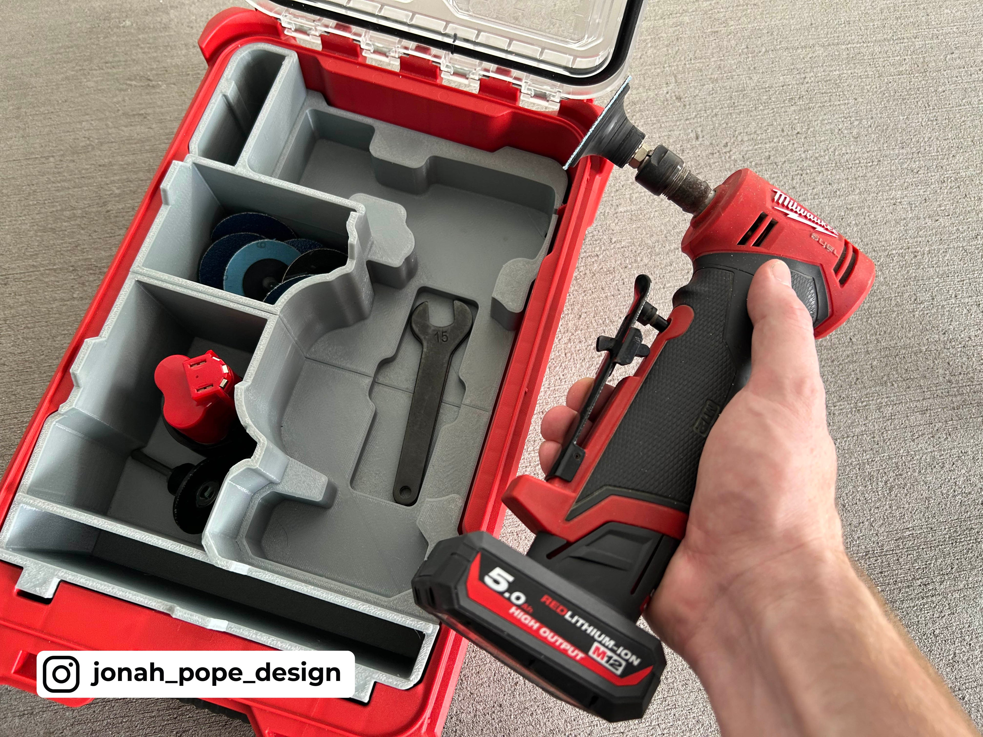 Jonah Pope Design 3d Printed Insert Designed for Milwaukee Right Angle Die Grinder and Milwaukee Packout Organizer