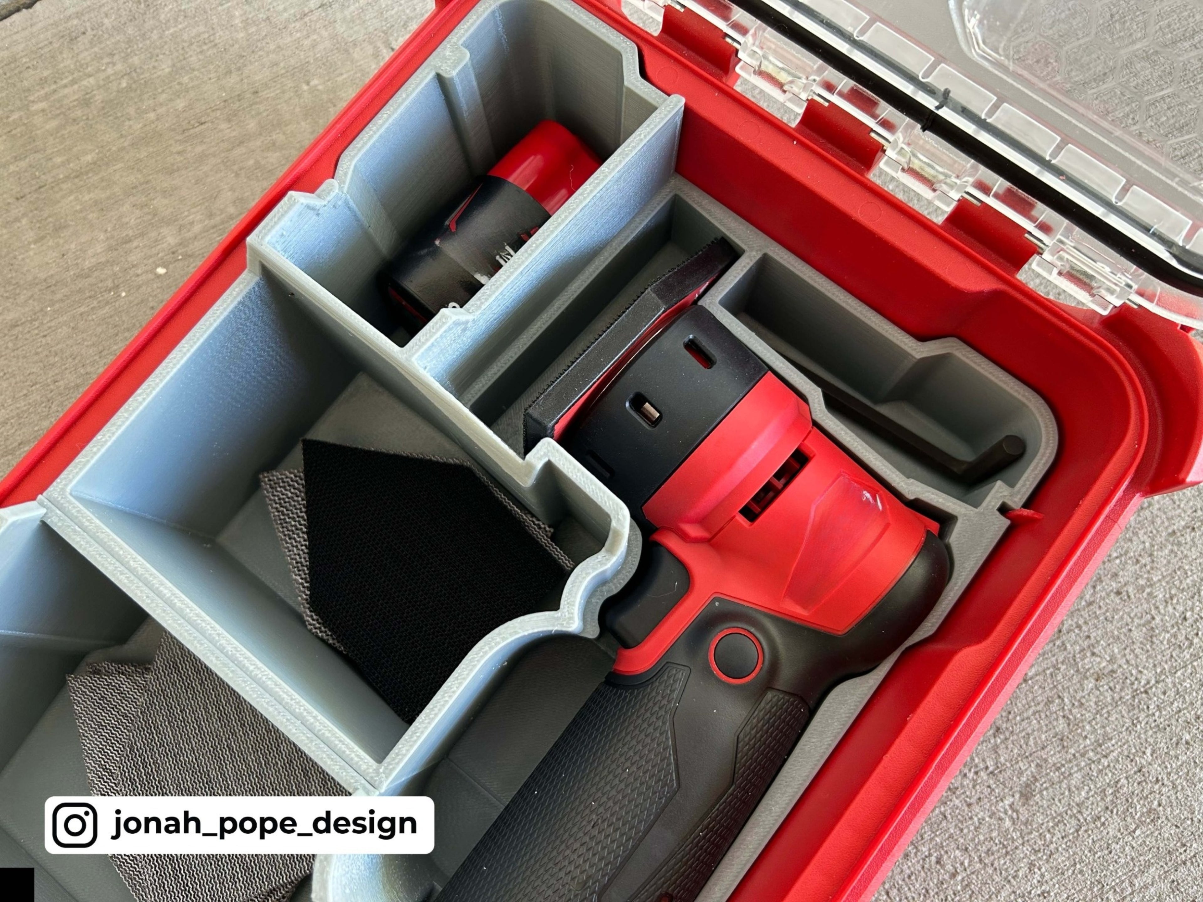 Jonah Pope Design 3d Printed Insert Designed for Milwaukee Packout Organizer and M12 Orbital Detail Sander