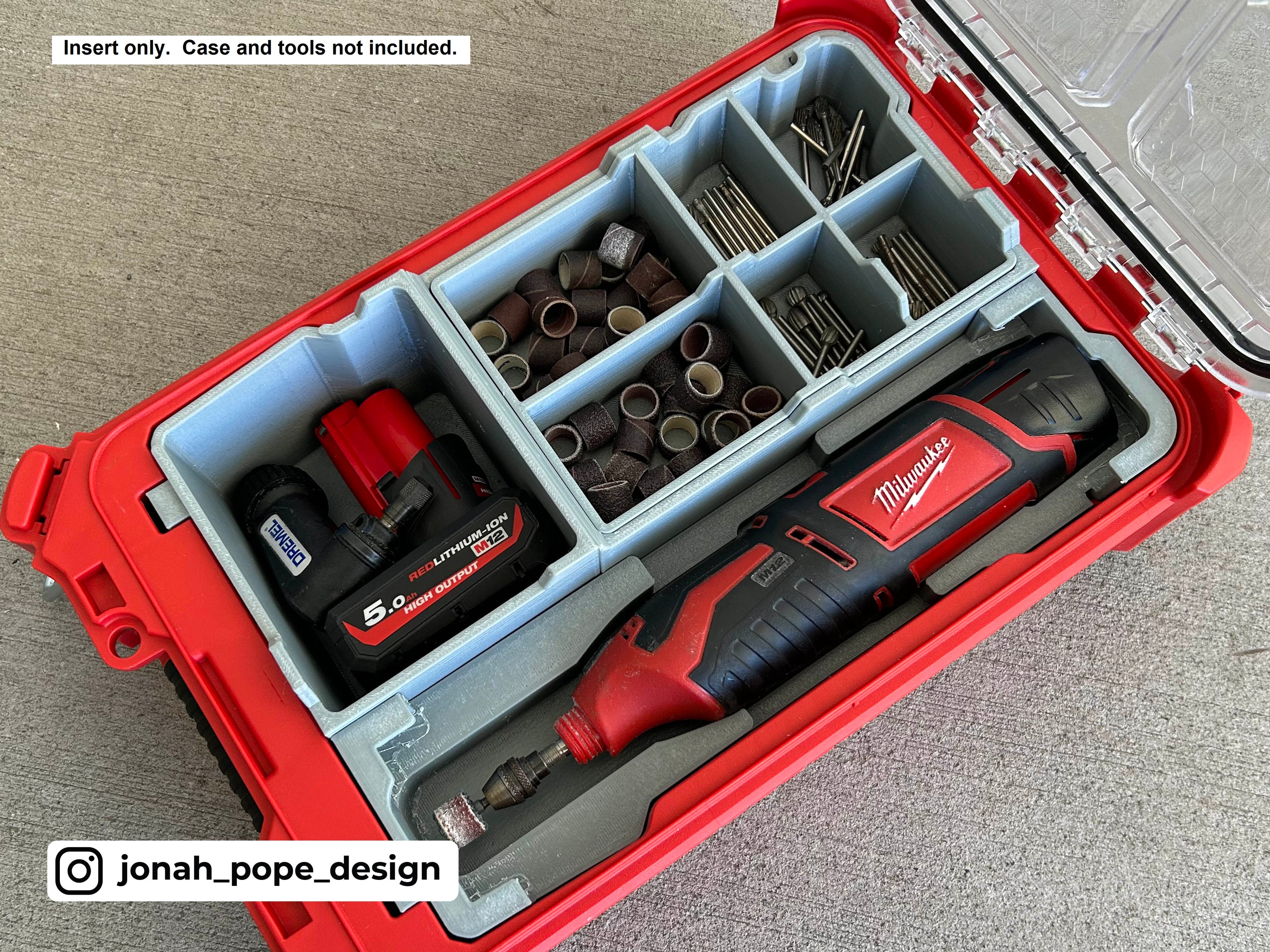 Jonah Pope Design 3d Printed Insert Designed for Milwaukee M12 Rotary Tool and Milwaukee Packout Organizer