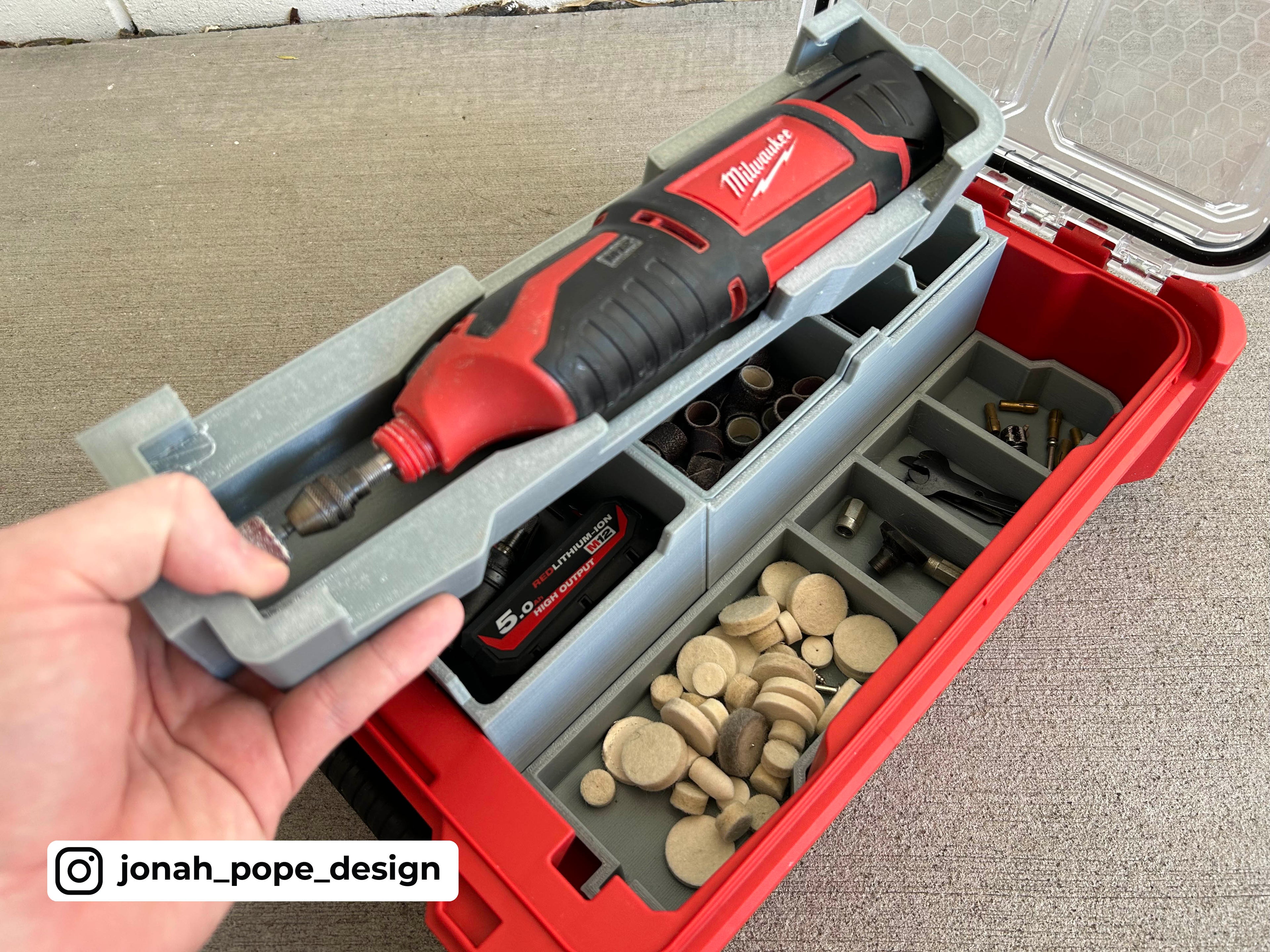 Jonah Pope Design 3d Printed Insert Designed for Milwaukee M12 Rotary Tool and Milwaukee Packout Organizer
