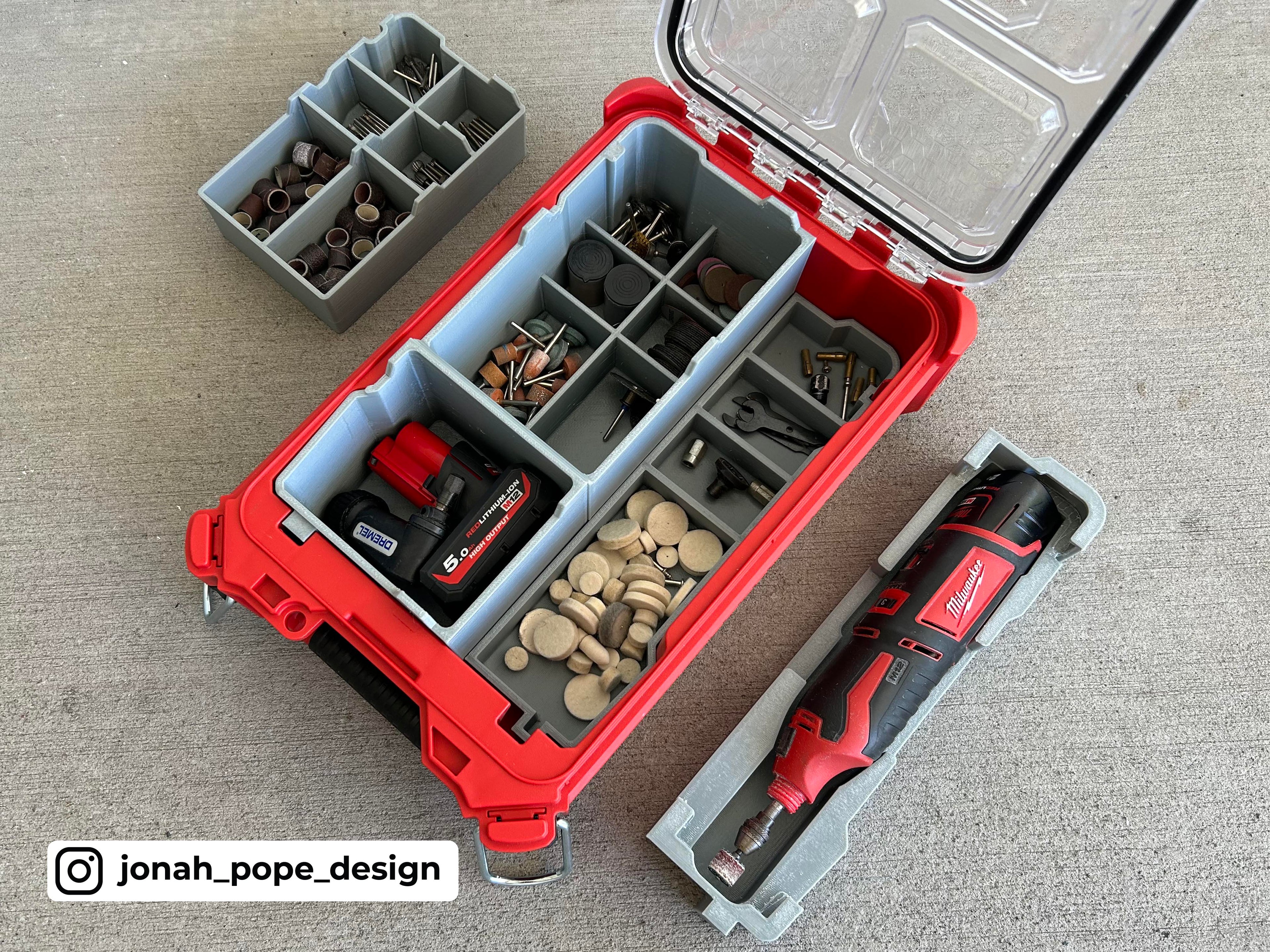 Jonah Pope Design 3d Printed Insert Designed for Milwaukee M12 Rotary Tool and Milwaukee Packout Organizer