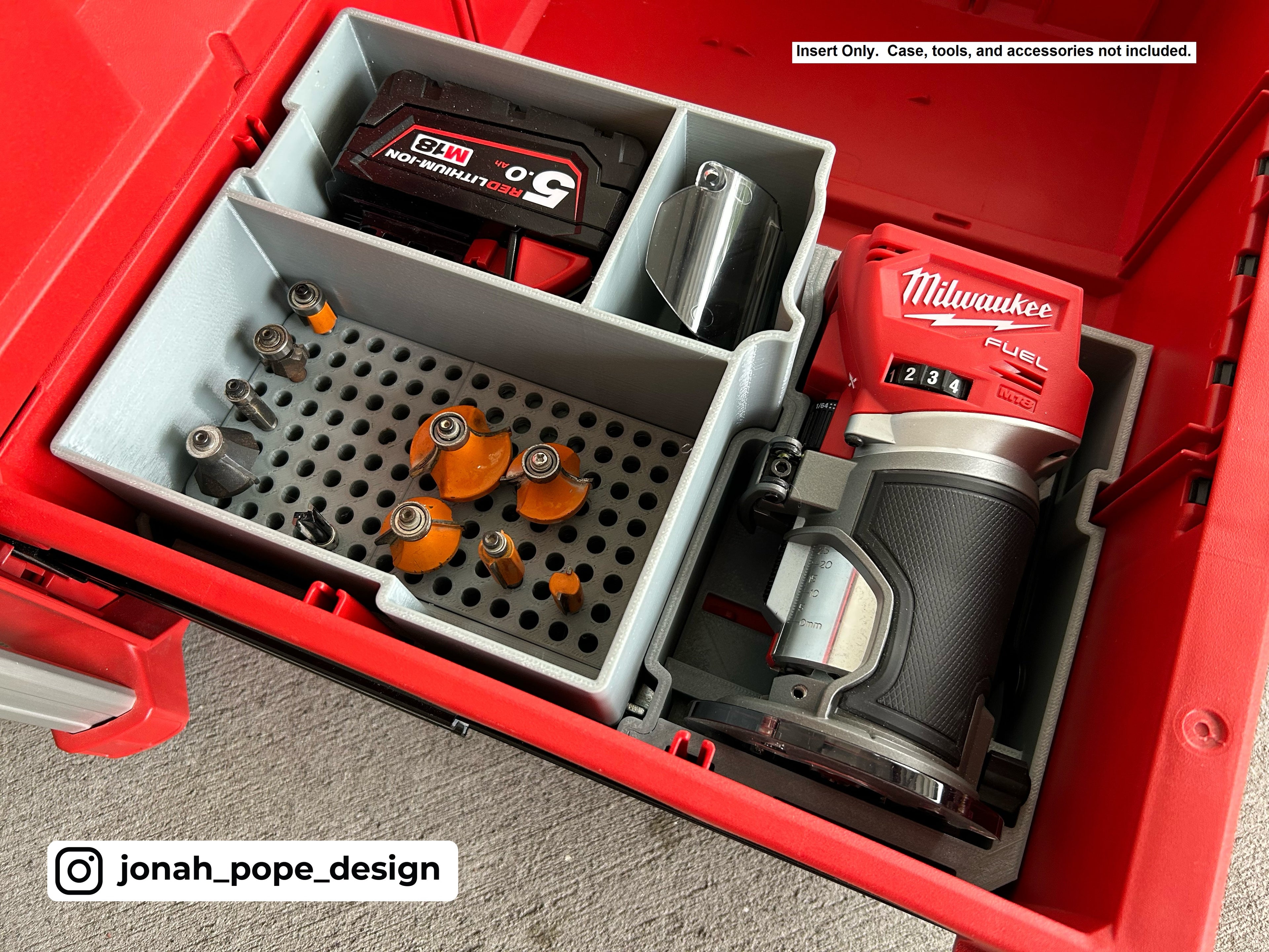 Jonah Pope Design 3d Printed Insert Designed for Milwaukee M18 Compact Router and Milwaukee Packout ToolBox Drawer