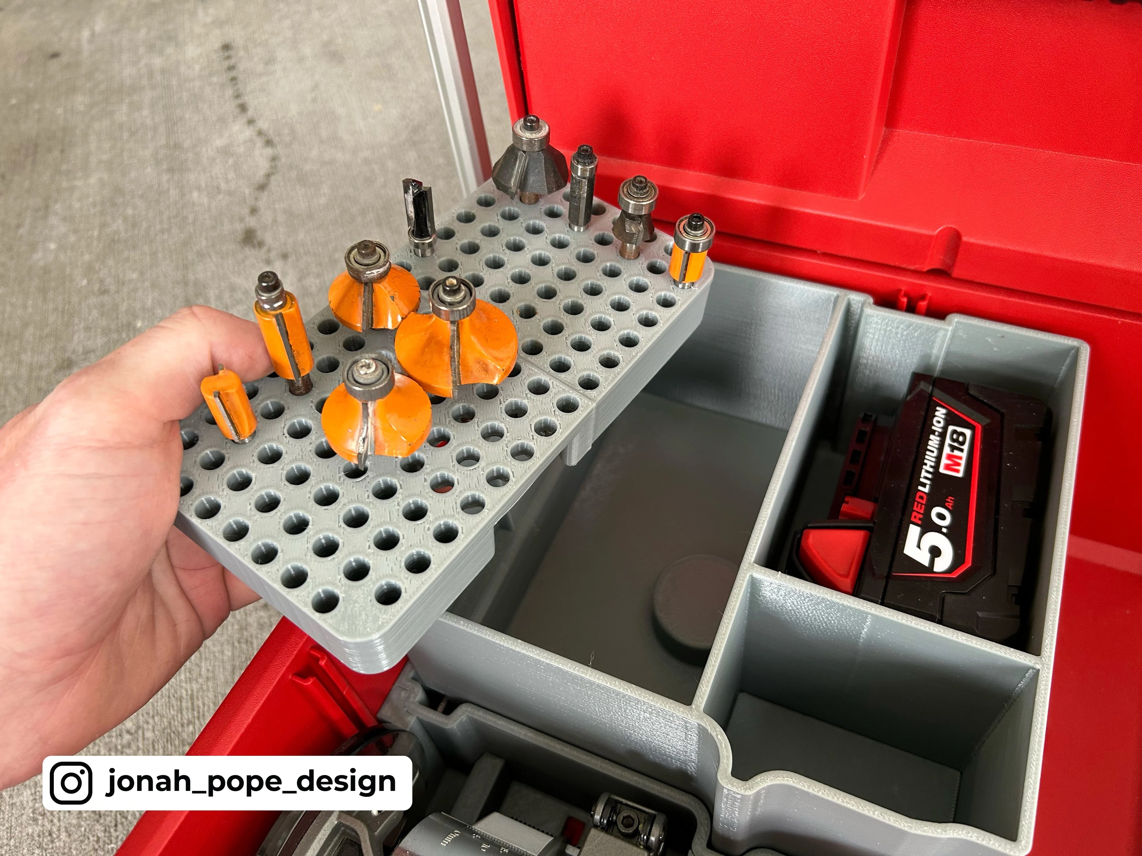Jonah Pope Design 3d Printed Insert Designed for Milwaukee M18 Compact Router and Milwaukee Packout ToolBox Drawer