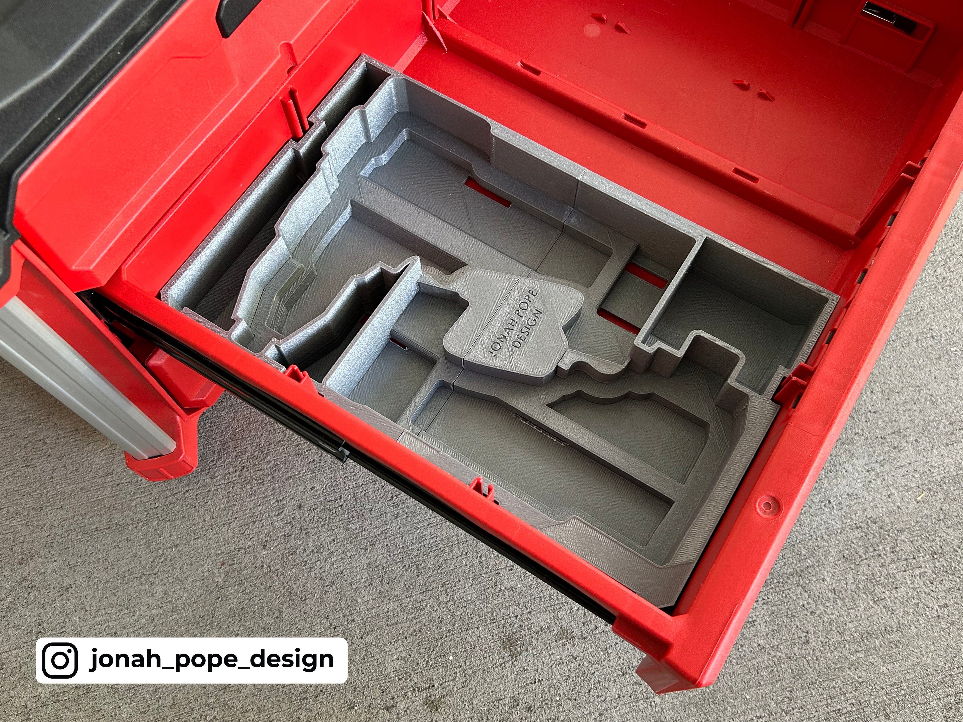 Jonah Pope Design 3d Printed Insert Designed for Milwaukee Packout Tool Box Drawer and M18 Drill and Impact Gen4