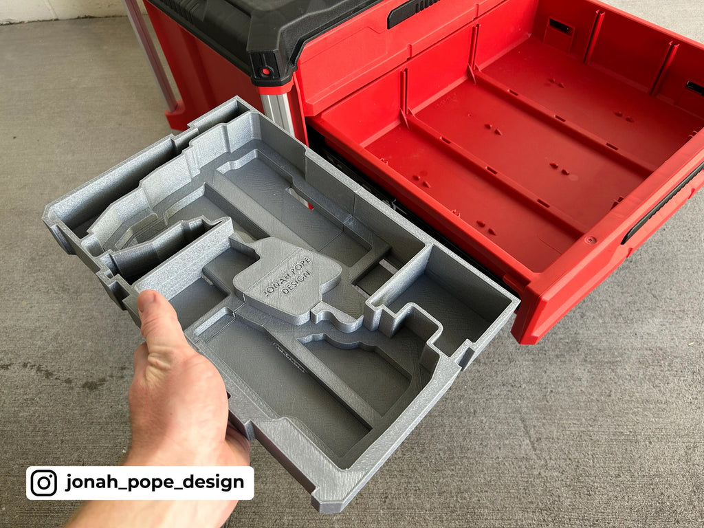 Jonah Pope Design 3d Printed Insert Designed for Milwaukee Packout Tool Box Drawer and M18 Drill and Impact Gen4
