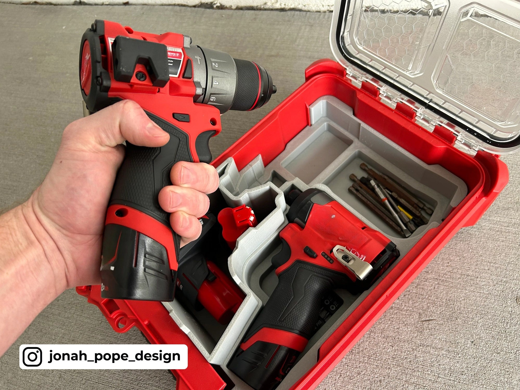 Jonah Pope Design 3d Printed Insert Designed for Milwaukee Packout Organizer and Gen3 M12 Drill and Impact Driver