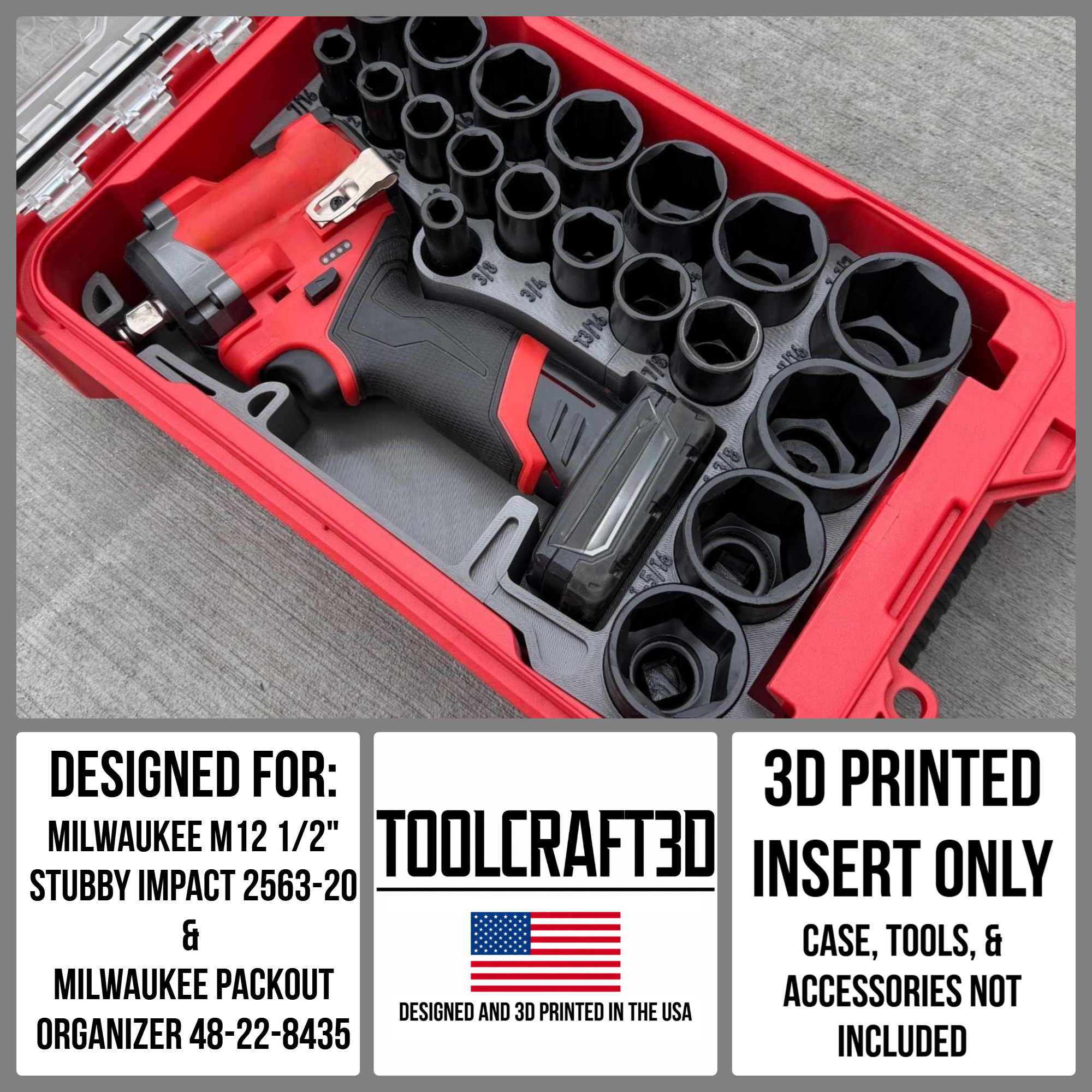 TOOLCRAFT3D Design 3d Printed Insert Designed for Milwaukee Packout Organizer and M12 Stubby 1/2" Impact (Insert Only)