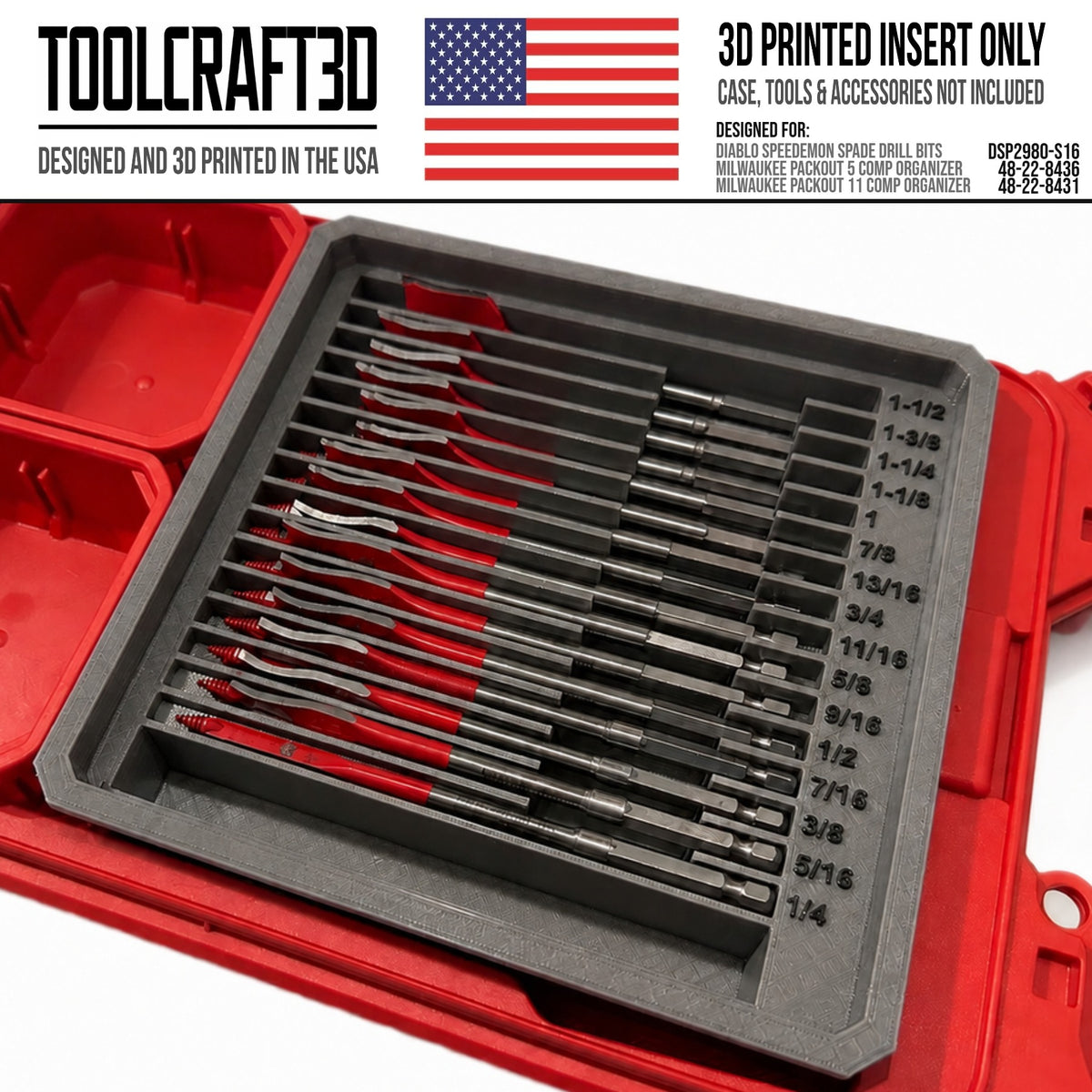 TOOLCRAFT3D Design 3d Printed Insert Designed for Diablo SPEEDemon Spade Drill Bits and Milwaukee PACKOUT Low Profile Organizer